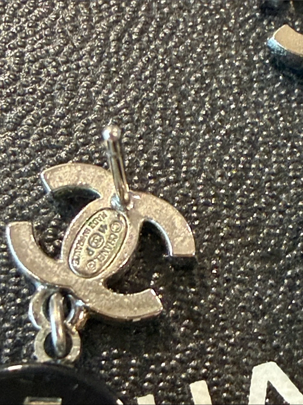CHANEL Black and Silver Crystal CC Drop Earrings